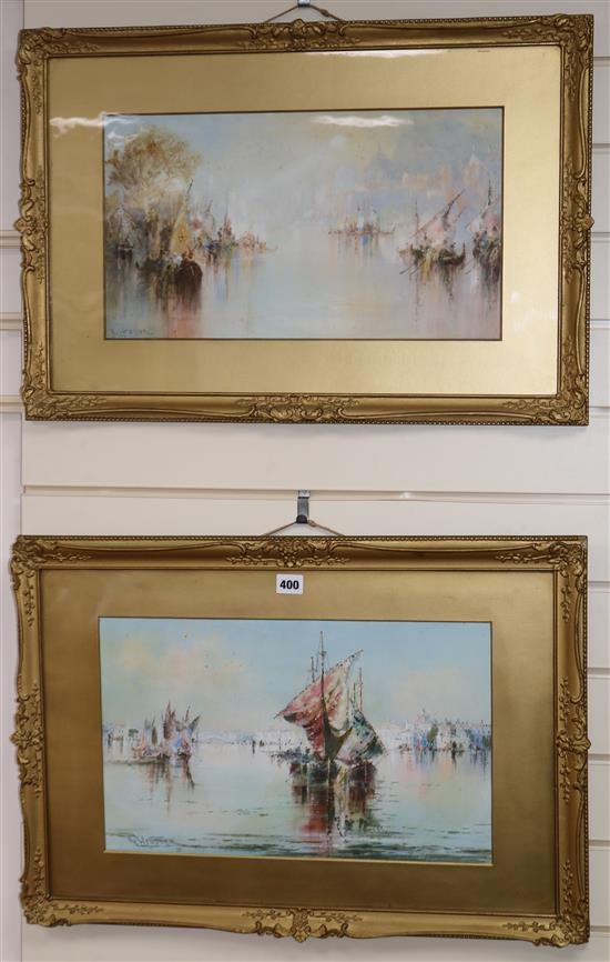 R. Webster, pair of watercolours, Shipping off Venice, signed, 28 x 46cm